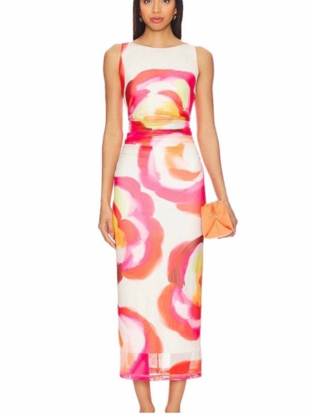 Amanda Uprichard White Floral Midi Dress with Pink, Orange and Yellow Swirls